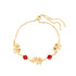 Introducing the Red Evil Eye Elephant Charm Bracelet: a 14k gold-filled accessory adorned with three elephant charms, two red circular accents, and an adjustable chain featuring a heart-shaped clasp.